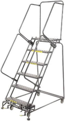Ballymore - 93" 6 Step Rolling Warehouse Ladder - Lock Step Rolling Safety Ladder, 450 Lb Capacity, 60" Platform Height, 32" Base Width x 49" Base Depth, Perforated Tread - Exact Tooling