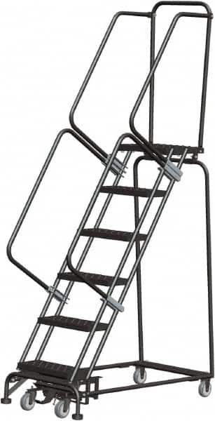 Ballymore - 93" 6 Step Rolling Warehouse Ladder - Lock Step Rolling Safety Ladder, 450 Lb Capacity, 60" Platform Height, 24" Base Width x 49" Base Depth, Perforated Tread - Exact Tooling