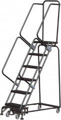 Ballymore - 93" 6 Step Rolling Warehouse Ladder - Lock Step Rolling Safety Ladder, 450 Lb Capacity, 60" Platform Height, 24" Base Width x 49" Base Depth, Perforated Tread - Exact Tooling