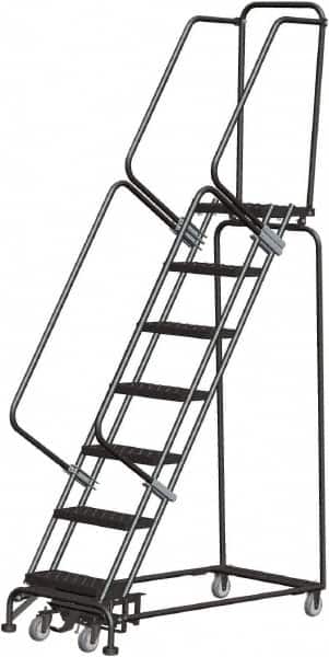 Ballymore - 103" 7 Step Rolling Warehouse Ladder - Lock Step Rolling Safety Ladder, 450 Lb Capacity, 70" Platform Height, 24" Base Width x 55" Base Depth, Perforated Tread - Exact Tooling