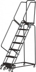 Ballymore - 103" 7 Step Rolling Warehouse Ladder - Lock Step Rolling Safety Ladder, 450 Lb Capacity, 70" Platform Height, 24" Base Width x 55" Base Depth, Perforated Tread - Exact Tooling