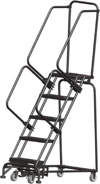 Ballymore - 83" 5 Step Rolling Warehouse Ladder - Lock Step Rolling Safety Ladder, 450 Lb Capacity, 50" Platform Height, 24" Base Width x 43" Base Depth, Perforated Tread - Exact Tooling