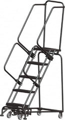 Ballymore - 83" 5 Step Rolling Warehouse Ladder - Lock Step Rolling Safety Ladder, 450 Lb Capacity, 50" Platform Height, 24" Base Width x 43" Base Depth, Perforated Tread - Exact Tooling