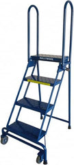 Ballymore - 60" 4 Step Rolling Warehouse Ladder - Lock-N-Stock, 300 Lb Capacity, 38" Platform Height, 24" Base Width x 30" Base Depth, Perforated Tread - Exact Tooling