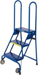 Ballymore - 51" 3 Step Rolling Warehouse Ladder - Lock-N-Stock, 300 Lb Capacity, 28-1/2" Platform Height, 24" Base Width x 23" Base Depth, Perforated Tread - Exact Tooling