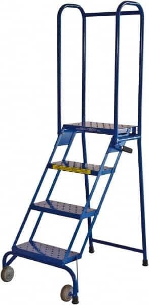 Ballymore - 68" 4 Step Rolling Warehouse Ladder - Lock-N-Stock, 350 Lb Capacity, 38" Platform Height, 24" Base Width x 35" Base Depth, Perforated Tread - Exact Tooling
