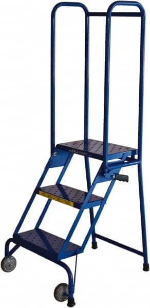 Ballymore - 59" 3 Step Rolling Warehouse Ladder - Lock-N-Stock, 300 Lb Capacity, 28-1/2" Platform Height, 24" Base Width x 26" Base Depth, Perforated Tread - Exact Tooling