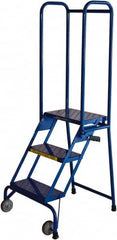 Ballymore - 59" 3 Step Rolling Warehouse Ladder - Lock-N-Stock, 300 Lb Capacity, 28-1/2" Platform Height, 24" Base Width x 26" Base Depth, Perforated Tread - Exact Tooling