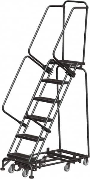 Ballymore - 93" 6 Step Rolling Warehouse Ladder - Lock Step Rolling Safety Ladder, 450 Lb Capacity, 60" Platform Height, 24" Base Width x 49" Base Depth, Perforated Tread - Exact Tooling
