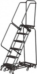 Ballymore - 93" 6 Step Rolling Warehouse Ladder - Lock Step Rolling Safety Ladder, 450 Lb Capacity, 60" Platform Height, 24" Base Width x 49" Base Depth, Perforated Tread - Exact Tooling