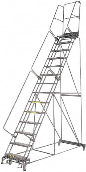 Ballymore - 185" 14 Step Rolling Warehouse Ladder - Lock Step Rolling Safety Ladder, 450 Lb Capacity, 140" Platform Height, 40" Base Width x 100" Base Depth, Perforated Tread - Exact Tooling