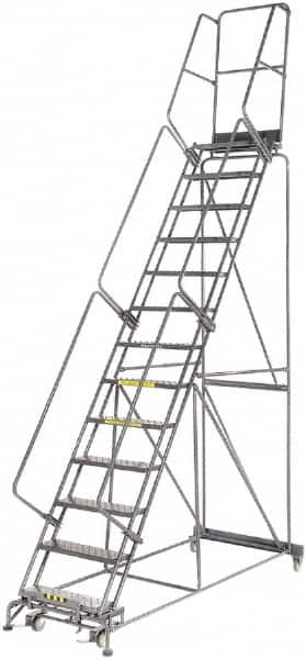 Ballymore - 175" 13 Step Rolling Warehouse Ladder - Lock Step Rolling Safety Ladder, 450 Lb Capacity, 130" Platform Height, 40" Base Width x 94" Base Depth, Perforated Tread - Exact Tooling