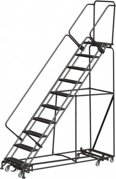 Ballymore - 133" 10 Step Rolling Warehouse Ladder - Lock Step Rolling Safety Ladder, 450 Lb Capacity, 100" Platform Height, 32" Base Width x 90" Base Depth, Perforated Tread - Exact Tooling