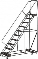 Ballymore - 133" 10 Step Rolling Warehouse Ladder - Lock Step Rolling Safety Ladder, 450 Lb Capacity, 100" Platform Height, 32" Base Width x 90" Base Depth, Perforated Tread - Exact Tooling