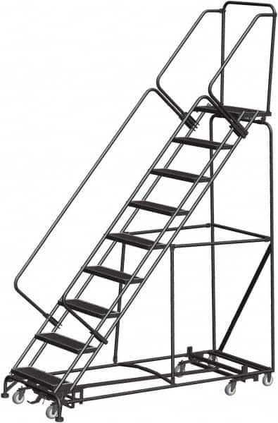 Ballymore - 123" 9 Step Rolling Warehouse Ladder - Lock Step Rolling Safety Ladder, 450 Lb Capacity, 90" Platform Height, 32" Base Width x 82" Base Depth, Perforated Tread - Exact Tooling