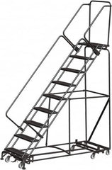 Ballymore - 123" 9 Step Rolling Warehouse Ladder - Lock Step Rolling Safety Ladder, 450 Lb Capacity, 90" Platform Height, 32" Base Width x 82" Base Depth, Perforated Tread - Exact Tooling