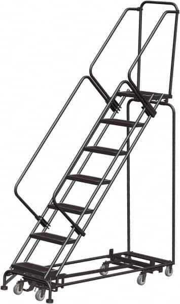 Ballymore - 103" 7 Step Rolling Warehouse Ladder - Lock Step Rolling Safety Ladder, 450 Lb Capacity, 70" Platform Height, 32" Base Width x 66" Base Depth, Perforated Tread - Exact Tooling
