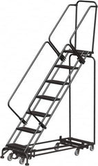 Ballymore - 103" 7 Step Rolling Warehouse Ladder - Lock Step Rolling Safety Ladder, 450 Lb Capacity, 70" Platform Height, 32" Base Width x 66" Base Depth, Perforated Tread - Exact Tooling