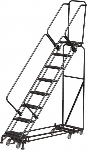 Ballymore - 113" 8 Step Rolling Warehouse Ladder - Lock Step Rolling Safety Ladder, 450 Lb Capacity, 80" Platform Height, 32" Base Width x 74" Base Depth, Perforated Tread - Exact Tooling