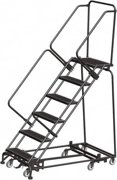 Ballymore - 93" 6 Step Rolling Warehouse Ladder - Lock Step Rolling Safety Ladder, 450 Lb Capacity, 60" Platform Height, 32" Base Width x 58" Base Depth, Perforated Tread - Exact Tooling