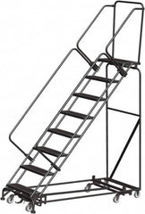 Ballymore - 113" 8 Step Rolling Warehouse Ladder - Lock Step Rolling Safety Ladder, 450 Lb Capacity, 80" Platform Height, 24" Base Width x 74" Base Depth, Perforated Tread - Exact Tooling