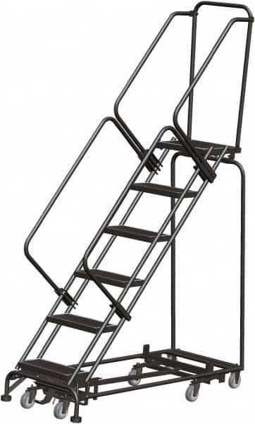 Ballymore - 93" 6 Step Rolling Warehouse Ladder - Lock Step Rolling Safety Ladder, 450 Lb Capacity, 60" Platform Height, 24" Base Width x 58" Base Depth, Perforated Tread - Exact Tooling