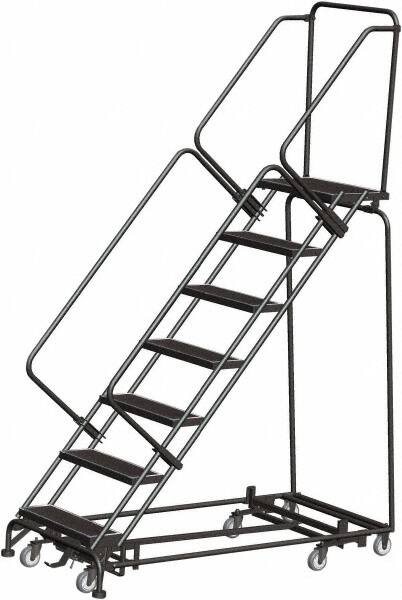 Ballymore - 103" 7 Step Rolling Warehouse Ladder - Lock Step Rolling Safety Ladder, 450 Lb Capacity, 70" Platform Height, 24" Base Width x 66" Base Depth, Perforated Tread - Exact Tooling