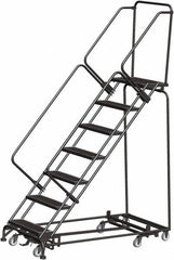 Ballymore - 103" 7 Step Rolling Warehouse Ladder - Lock Step Rolling Safety Ladder, 450 Lb Capacity, 70" Platform Height, 24" Base Width x 66" Base Depth, Perforated Tread - Exact Tooling