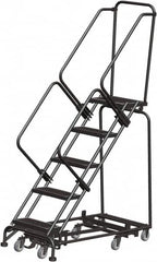 Ballymore - 83" 5 Step Rolling Warehouse Ladder - Lock Step Rolling Safety Ladder, 450 Lb Capacity, 50" Platform Height, 32" Base Width x 50" Base Depth, Perforated Tread - Exact Tooling