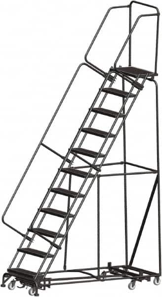 Ballymore - 143" 11 Step Rolling Warehouse Ladder - Lock Step Rolling Safety Ladder, 450 Lb Capacity, 110" Platform Height, 32" Base Width x 80" Base Depth, Perforated Tread - Exact Tooling