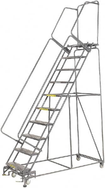 Ballymore - 133" 10 Step Rolling Warehouse Ladder - Lock Step Rolling Safety Ladder, 450 Lb Capacity, 100" Platform Height, 32" Base Width x 74" Base Depth, Perforated Tread - Exact Tooling
