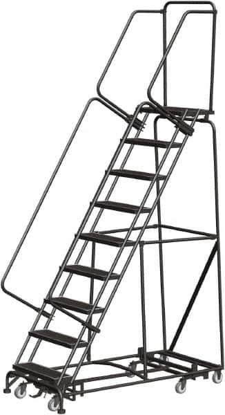 Ballymore - 123" 9 Step Rolling Warehouse Ladder - Lock Step Rolling Safety Ladder, 450 Lb Capacity, 90" Platform Height, 32" Base Width x 68" Base Depth, Perforated Tread - Exact Tooling