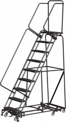 Ballymore - 123" 9 Step Rolling Warehouse Ladder - Lock Step Rolling Safety Ladder, 450 Lb Capacity, 90" Platform Height, 32" Base Width x 68" Base Depth, Perforated Tread - Exact Tooling