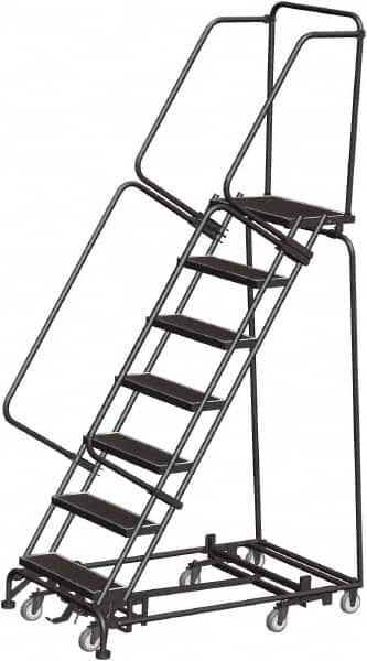 Ballymore - 103" 7 Step Rolling Warehouse Ladder - Lock Step Rolling Safety Ladder, 450 Lb Capacity, 70" Platform Height, 32" Base Width x 55" Base Depth, Perforated Tread - Exact Tooling