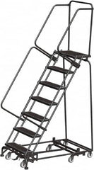 Ballymore - 103" 7 Step Rolling Warehouse Ladder - Lock Step Rolling Safety Ladder, 450 Lb Capacity, 70" Platform Height, 32" Base Width x 55" Base Depth, Perforated Tread - Exact Tooling