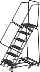 Ballymore - 93" 6 Step Rolling Warehouse Ladder - Lock Step Rolling Safety Ladder, 450 Lb Capacity, 60" Platform Height, 32" Base Width x 49" Base Depth, Perforated Tread - Exact Tooling