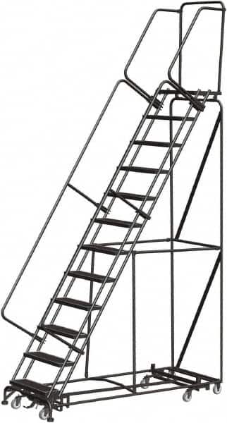 Ballymore - 153" 12 Step Rolling Warehouse Ladder - Lock Step Rolling Safety Ladder, 450 Lb Capacity, 120" Platform Height, 32" Base Width x 87" Base Depth, Perforated Tread - Exact Tooling