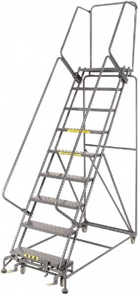 Ballymore - 123" 9 Step Rolling Warehouse Ladder - Lock Step Rolling Safety Ladder, 450 Lb Capacity, 90" Platform Height, 32" Base Width x 68" Base Depth, Perforated Tread - Exact Tooling