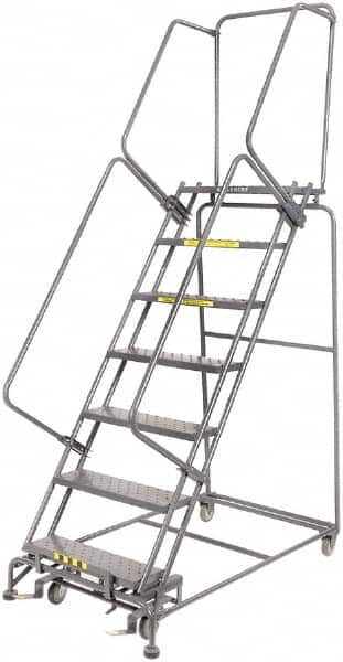 Ballymore - 103" 7 Step Rolling Warehouse Ladder - Lock Step Rolling Safety Ladder, 450 Lb Capacity, 70" Platform Height, 32" Base Width x 55" Base Depth, Perforated Tread - Exact Tooling