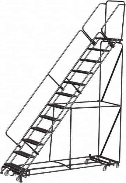 Ballymore - 153" 12 Step Rolling Warehouse Ladder - Lock Step Rolling Safety Ladder, 450 Lb Capacity, 120" Platform Height, 32" Base Width x 106" Base Depth, Perforated Tread - Exact Tooling