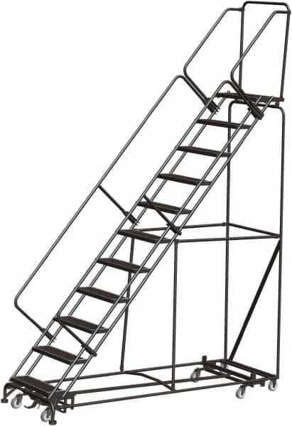 Ballymore - 143" 11 Step Rolling Warehouse Ladder - Lock Step Rolling Safety Ladder, 450 Lb Capacity, 110" Platform Height, 32" Base Width x 98" Base Depth, Perforated Tread - Exact Tooling