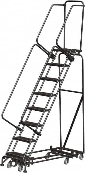 Ballymore - 113" 8 Step Rolling Warehouse Ladder - Lock Step Rolling Safety Ladder, 450 Lb Capacity, 80" Platform Height, 24" Base Width x 61" Base Depth, Perforated Tread - Exact Tooling