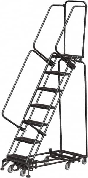 Ballymore - 103" 7 Step Rolling Warehouse Ladder - Lock Step Rolling Safety Ladder, 450 Lb Capacity, 70" Platform Height, 24" Base Width x 55" Base Depth, Perforated Tread - Exact Tooling