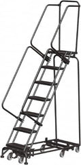 Ballymore - 103" 7 Step Rolling Warehouse Ladder - Lock Step Rolling Safety Ladder, 450 Lb Capacity, 70" Platform Height, 24" Base Width x 55" Base Depth, Perforated Tread - Exact Tooling