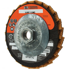 Standard Abrasives - 60 Grit, 4-1/2" Disc Diam, 5/8-11 Center Hole, Type 29 Flap Disc - 10,000 Max RPM, Arbor Attaching System, Coated - Exact Tooling