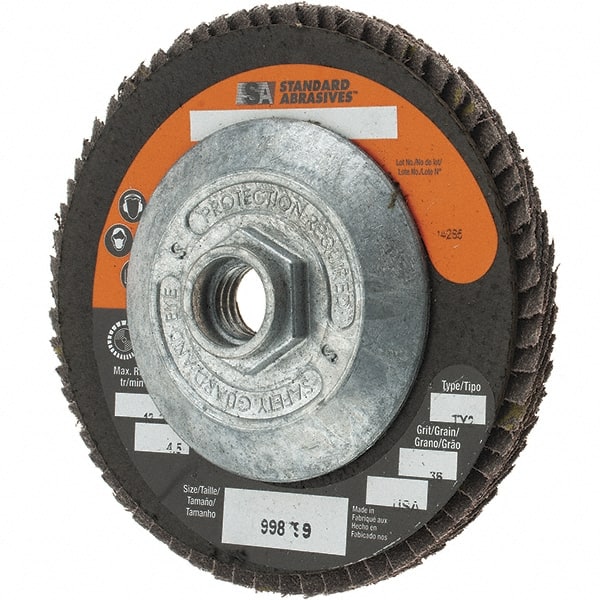 Camel Grinding Wheels - 36 Grit, 4-1/2" Disc Diam, 5/8-11 Center Hole, Type 29 Zirconia Alumina Flap Disc - Arbor Attaching System, Coated - Exact Tooling