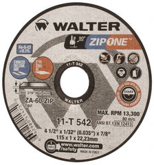 WALTER Surface Technologies - 4-1/2" Aluminum Oxide/Silicon Carbide Blend Cutoff Wheel - 1/32" Thick, 7/8" Arbor, 13,300 Max RPM, Use with Angle Grinders - Exact Tooling