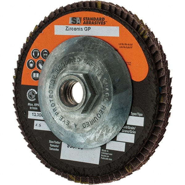 Camel Grinding Wheels - 40 Grit, 4-1/2" Disc Diam, 5/8-11 Center Hole, Type 29 Zirconia Alumina Flap Disc - Arbor Attaching System, Coated - Exact Tooling
