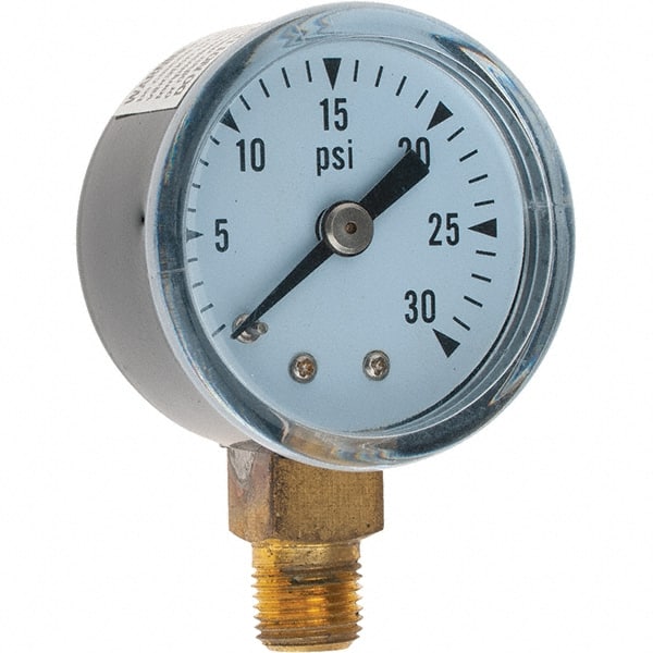 Value Collection - 1-1/2" Dial, 1/8 Thread, 0-30 Scale Range, Pressure Gauge - Lower Connection Mount - Exact Tooling