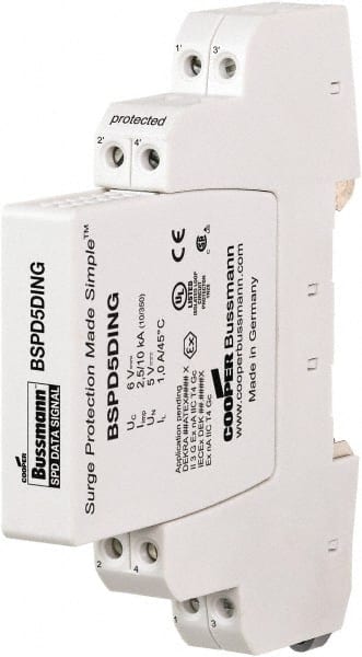 Cooper Bussmann - 4 Pole, 1 Phase, 90mm Long x 12mm Wide x 71.99mm Deep, Hardwired Surge Protector - DIN Rail Mount, 24 V, 23.30 VAC, 33 VDC Operating Voltage, 20 kA Surge Protection - Exact Tooling